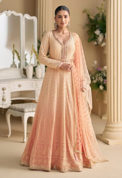 Georgette Designer Gown with Beads Work for Festival in Peach